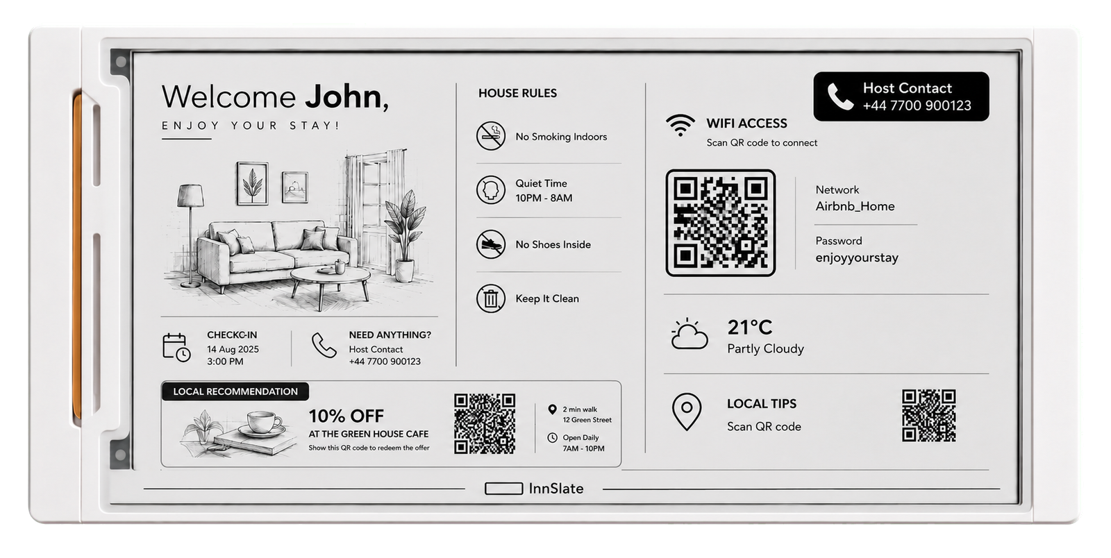 InnSlate e-ink guest display showing a personalised arrival welcome