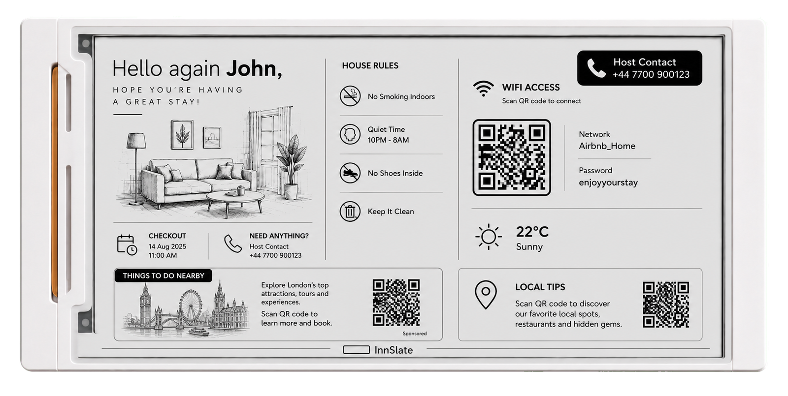 InnSlate e-ink guest display showing a during-stay guest experience