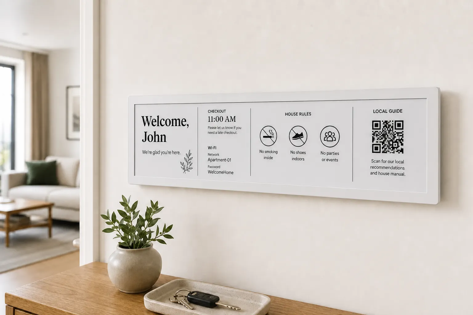 InnSlate e-ink guest display mounted in a premium short-term rental